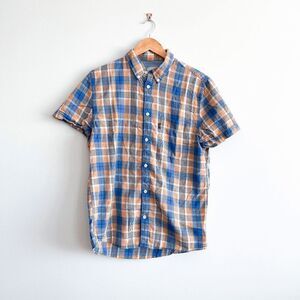 Wesc Mens Shirt Collared Short Sleeve Button Down Orange Blue Medium